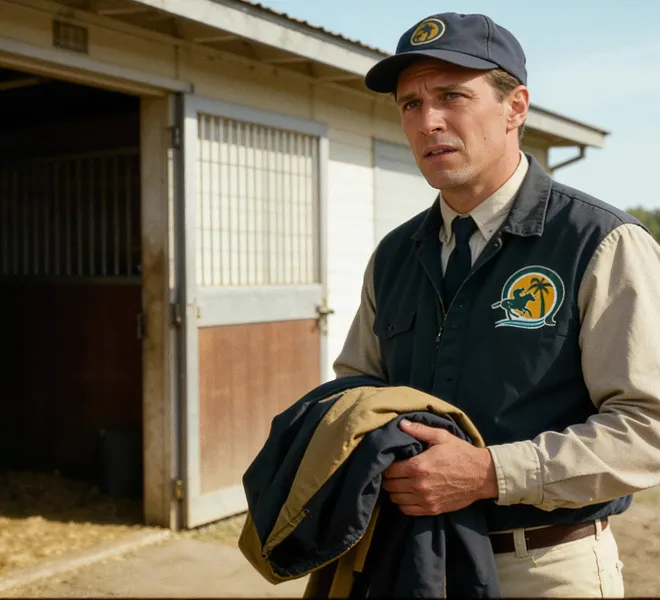 Field representative stands outside stable for South Florida Horsemen’s Group.