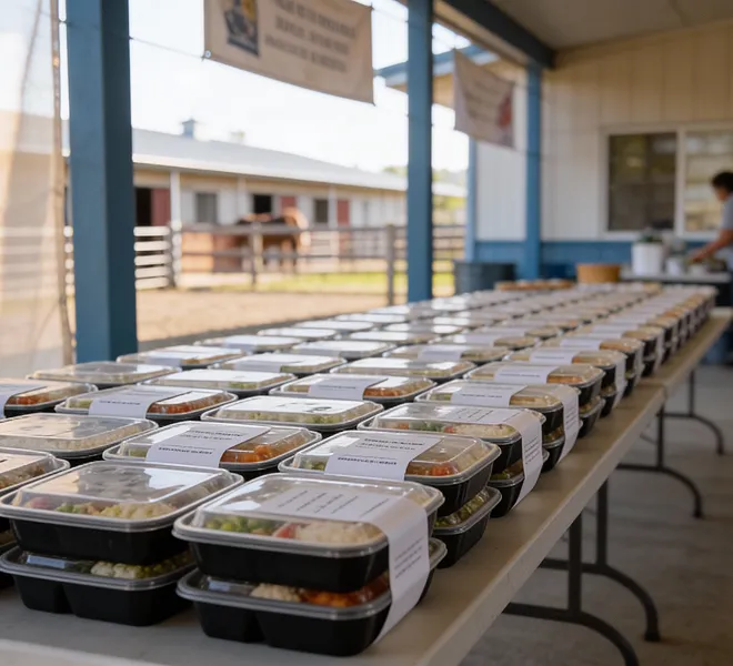 Prepared meals lined on tables for South Florida Horsemen’s Group distribution.