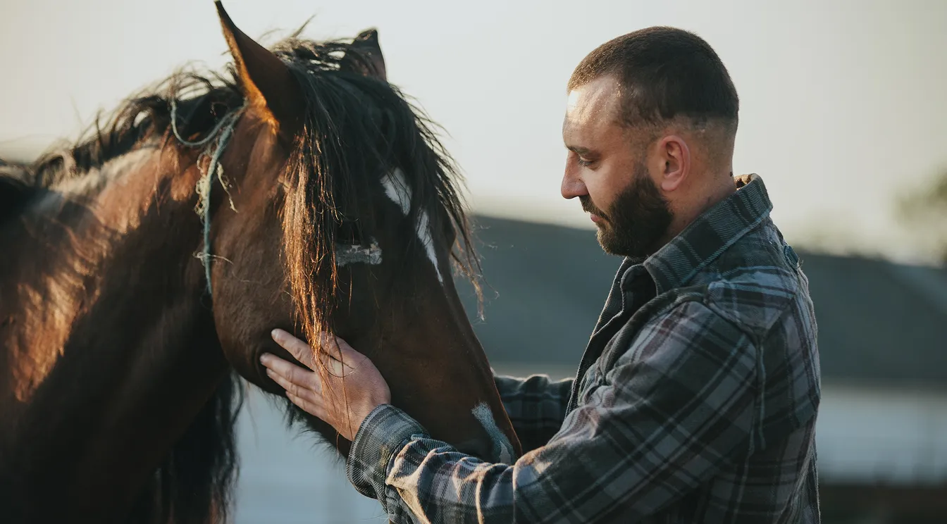 Horse owner gently holds thoroughbred representing South Florida Horsemen’s Group values.