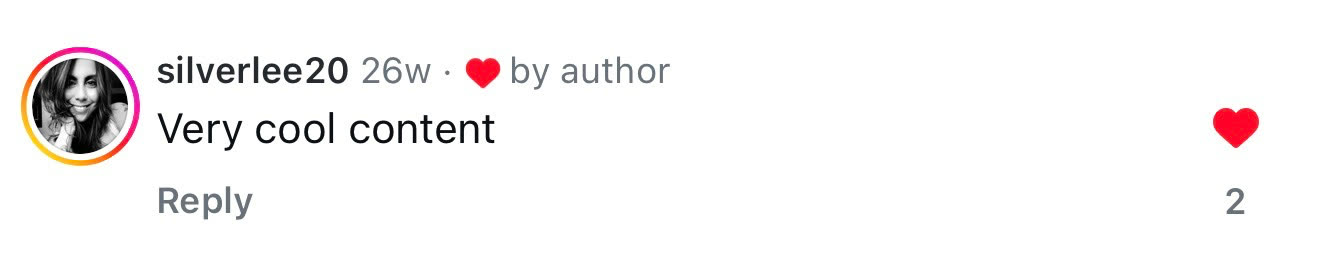 Screenshot of a social media comment reading Very cool content, liked by the post's author, with two likes beside it