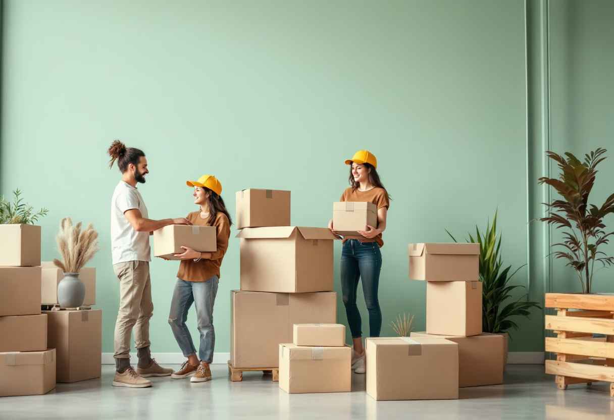 image of a humanitarian aid fundraising event, with volunteers stacking boxes in a modern yet welcoming space