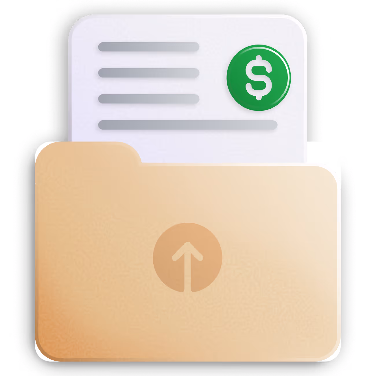 Carpeta beige con un documento que tiene un ícono verde de dólar en la parte superior derecha.