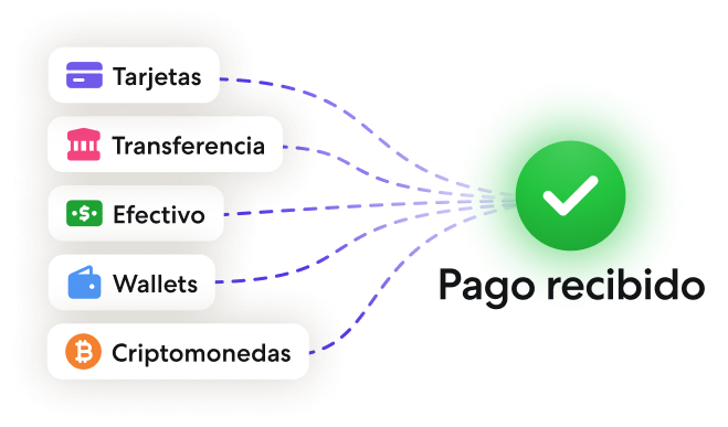 Ilustración de cinco métodos de pago: tarjetas, transferencia, efectivo, wallets y criptomonedas, todos conectados a un círculo verde con un check y el texto 'Pago recibido'.