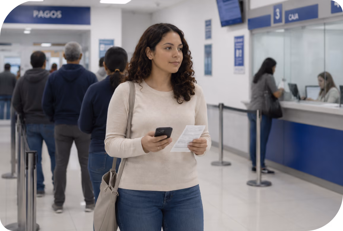 Mujer con bolso y papeles espera en fila para pagar en una oficina moderna.