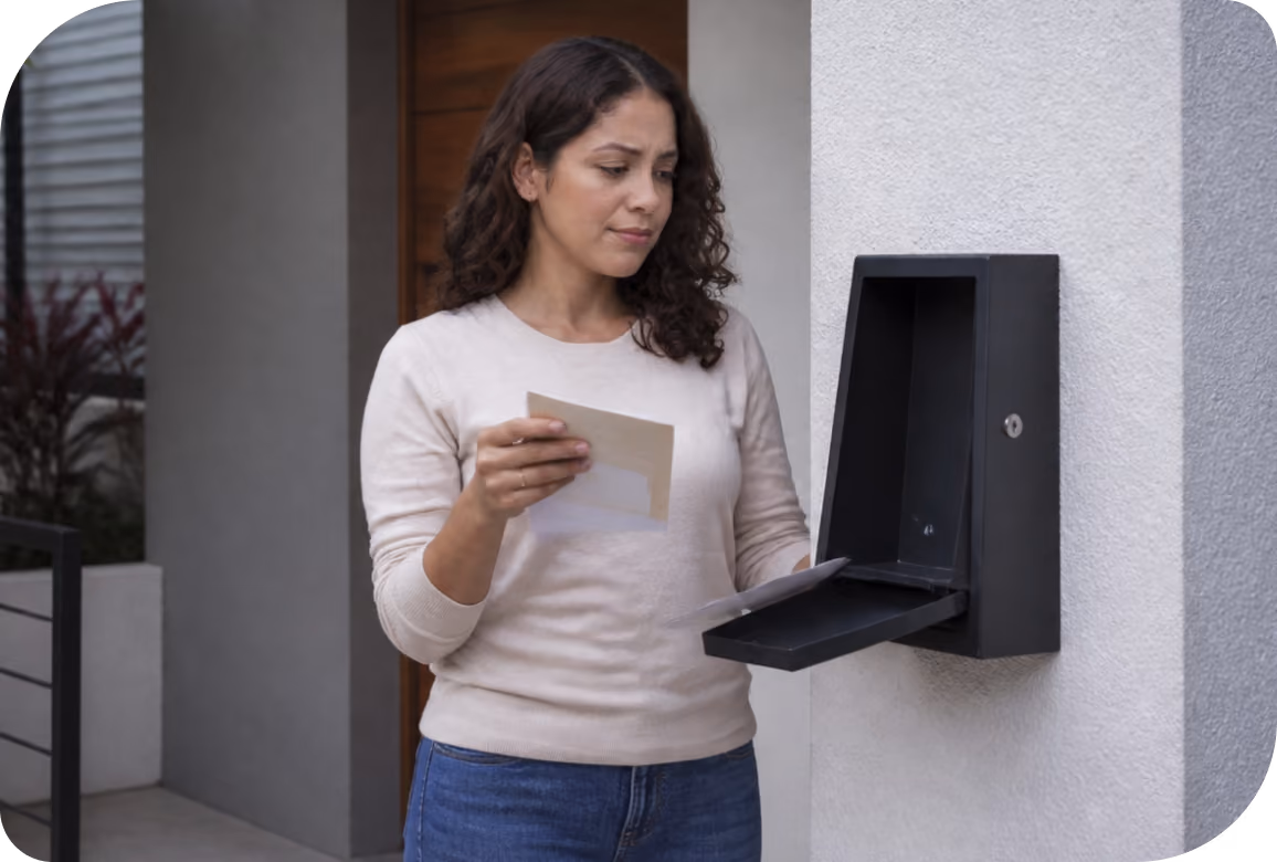 Mujer revisando la correspondencia en un buzón negro montado en la pared exterior de una casa.