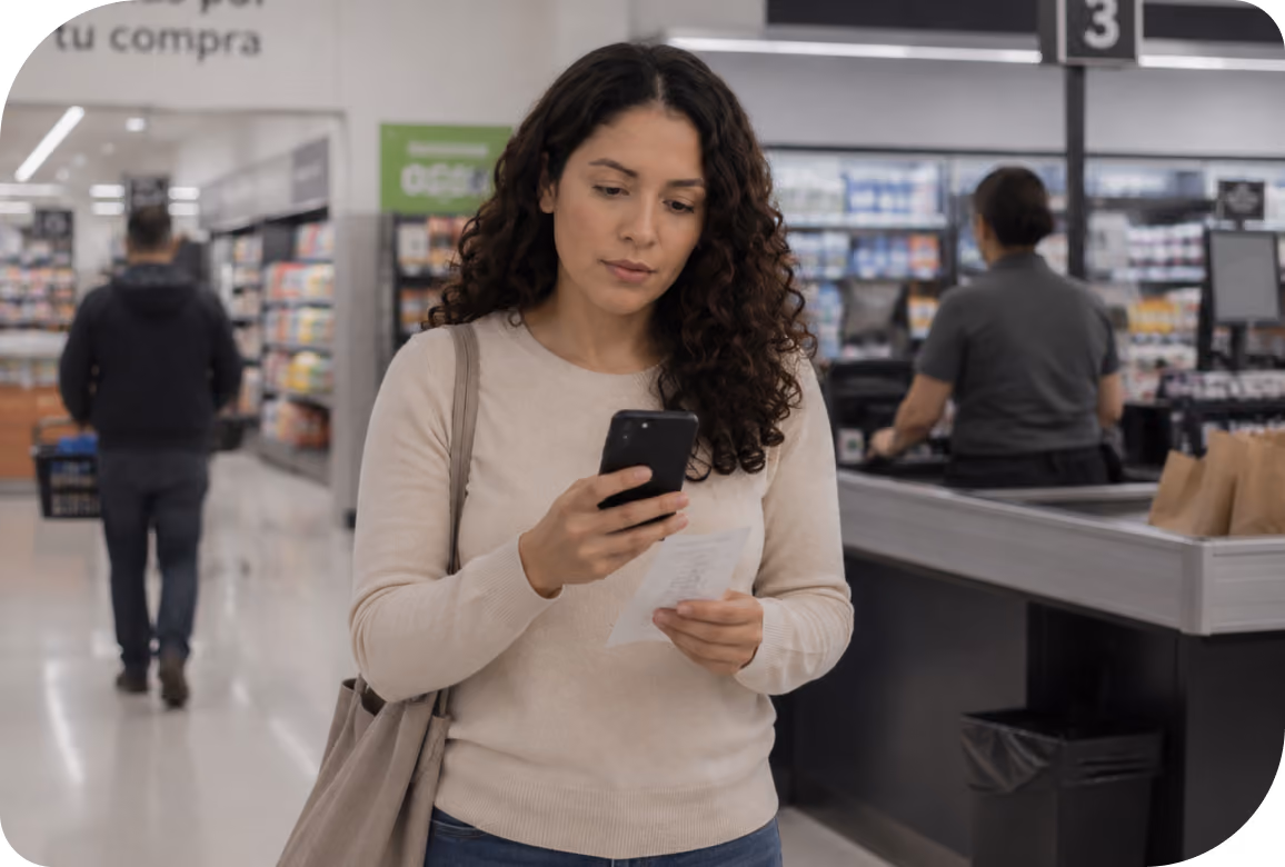 Mujer con un poco de incertidumbre mirando su teléfono mientras sostiene un recibo en una tienda cerca de la caja registradora.