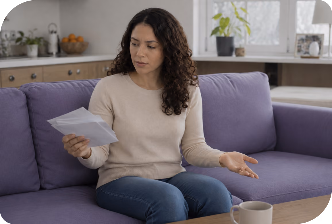 Mujer sentada en sofá morado mirando con preocupación varios recibos y correspondencia en la mano.