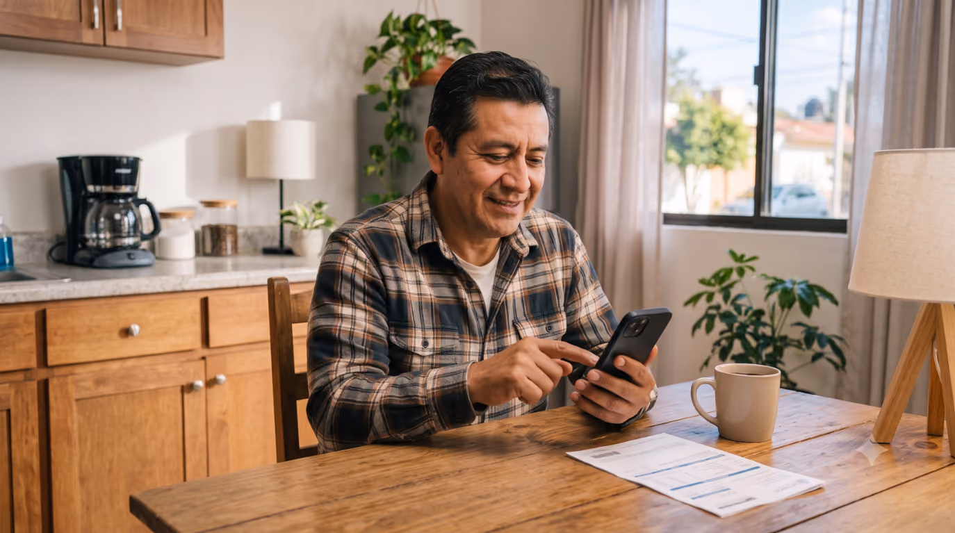 Un señor en su hogar realizando un pago de un recibo en su celular