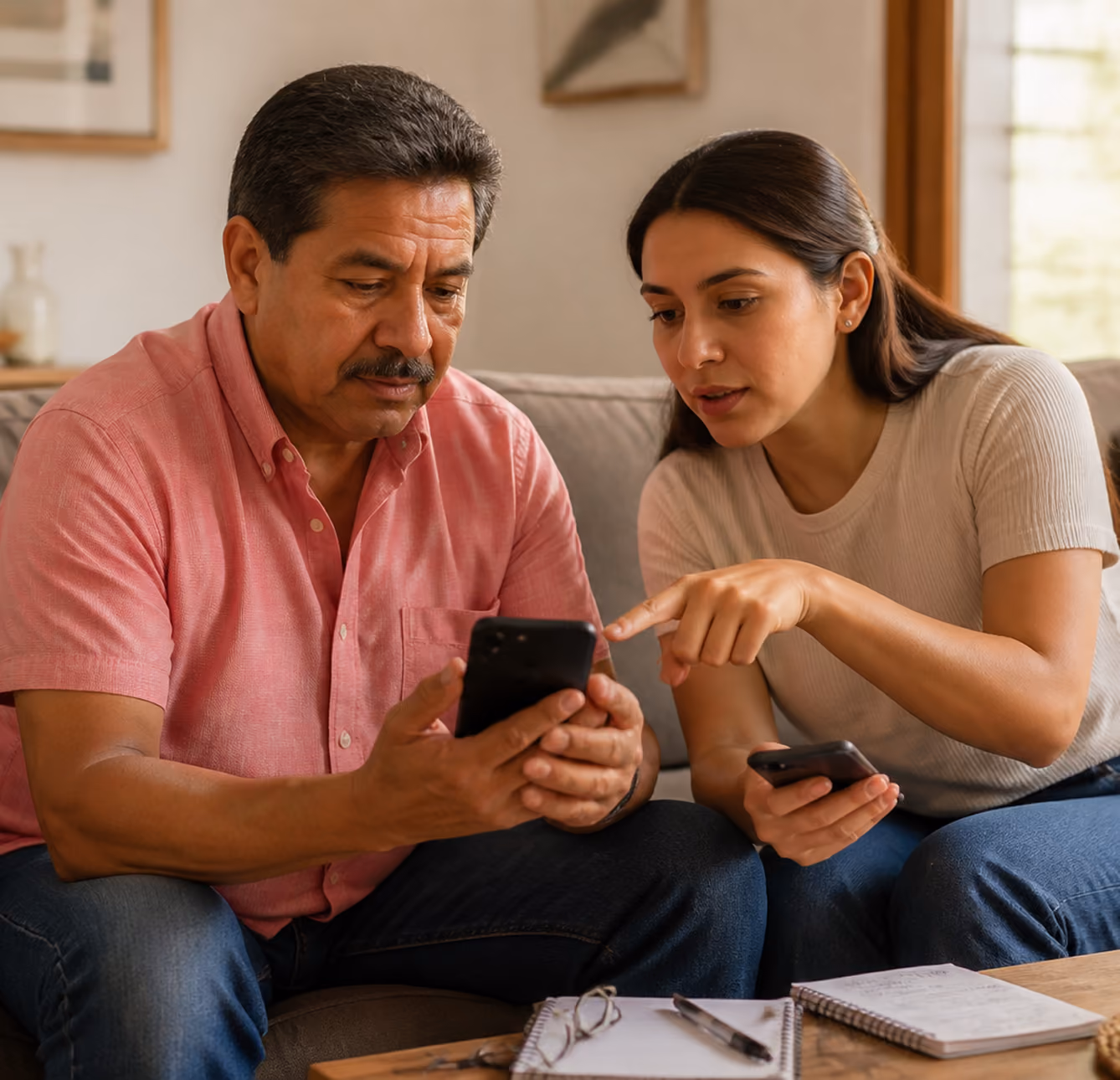 Hombre mayor y mujer joven sentados en sofá, donde la mujer le esta enseñando al hombre mayor a hacer un trámite usando teléfonos móviles juntos y conversando.