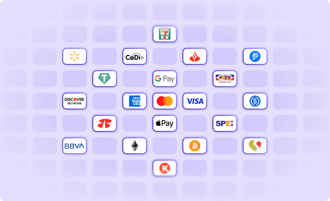 Iconos de métodos de pago incluyendo tarjetas, criptomonedas, bancos y plataformas digitales.