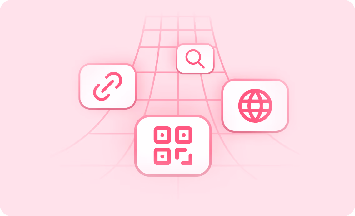 Iconos rosas de los canales de cobro como enlace, búsqueda, código QR y web sobre fondo rosa claro.