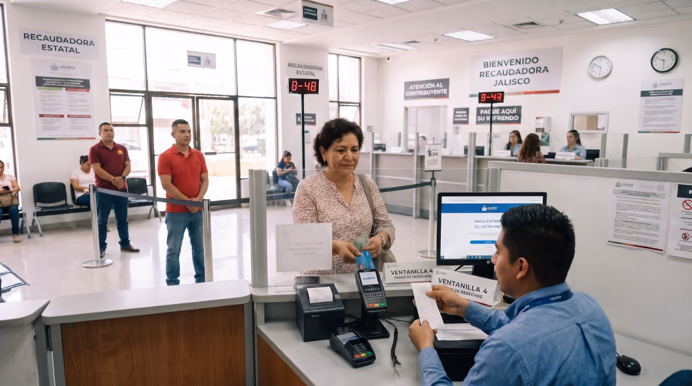 Una mujer realizando un pago en ventanilla de una recaudadora