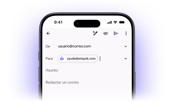 Pantalla de móvil mostrando la composición de un correo electrónico dirigido a ayuda@wispok.com.