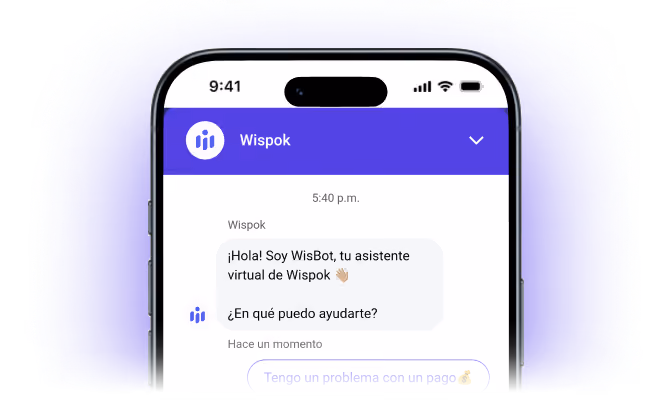 Pantalla de chat en móvil con asistente WisBot ofreciendo ayuda con problemas de pago.