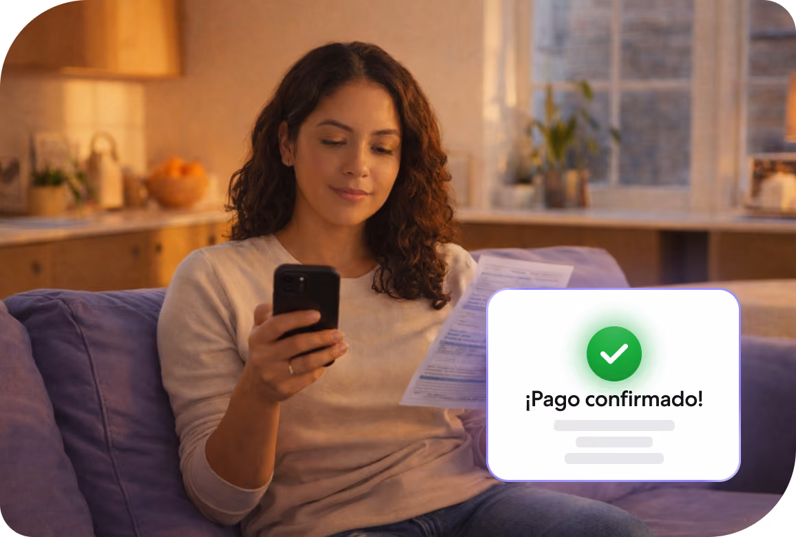 Mujer en sofá violeta mirando su móvil y una factura, con mensaje pago confirmado en pantalla.