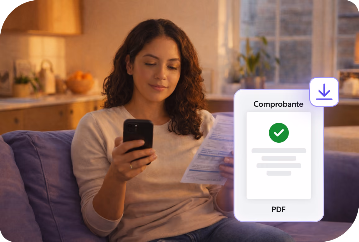 Mujer sentada en un sofá sosteniendo un teléfono y un documento con icono de comprobante PDF al lado.