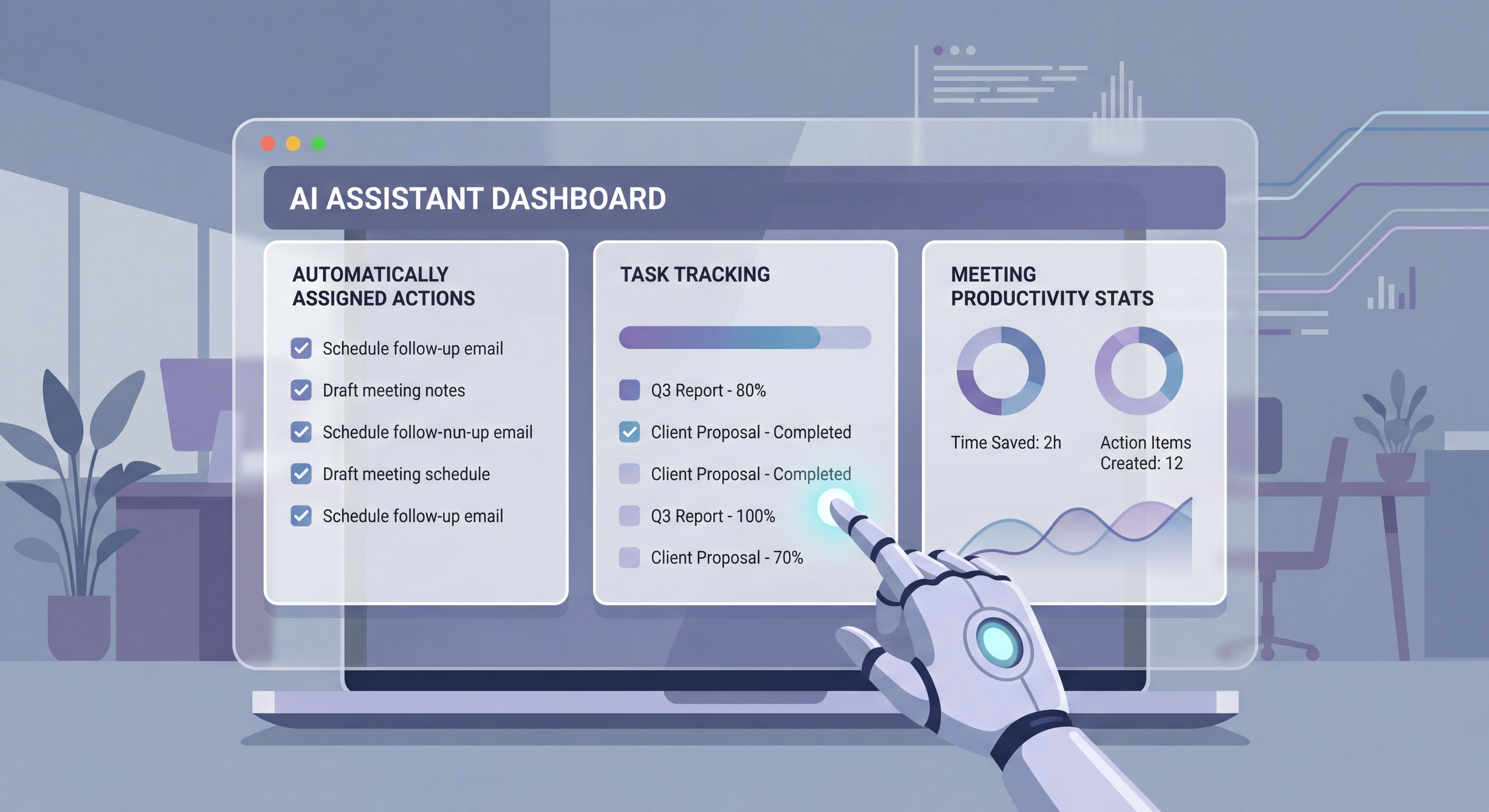 Dashboard d'un assistant IA montrant les actions automatiquement assignées, le suivi des tâches et les statistiques de productivité des réunions