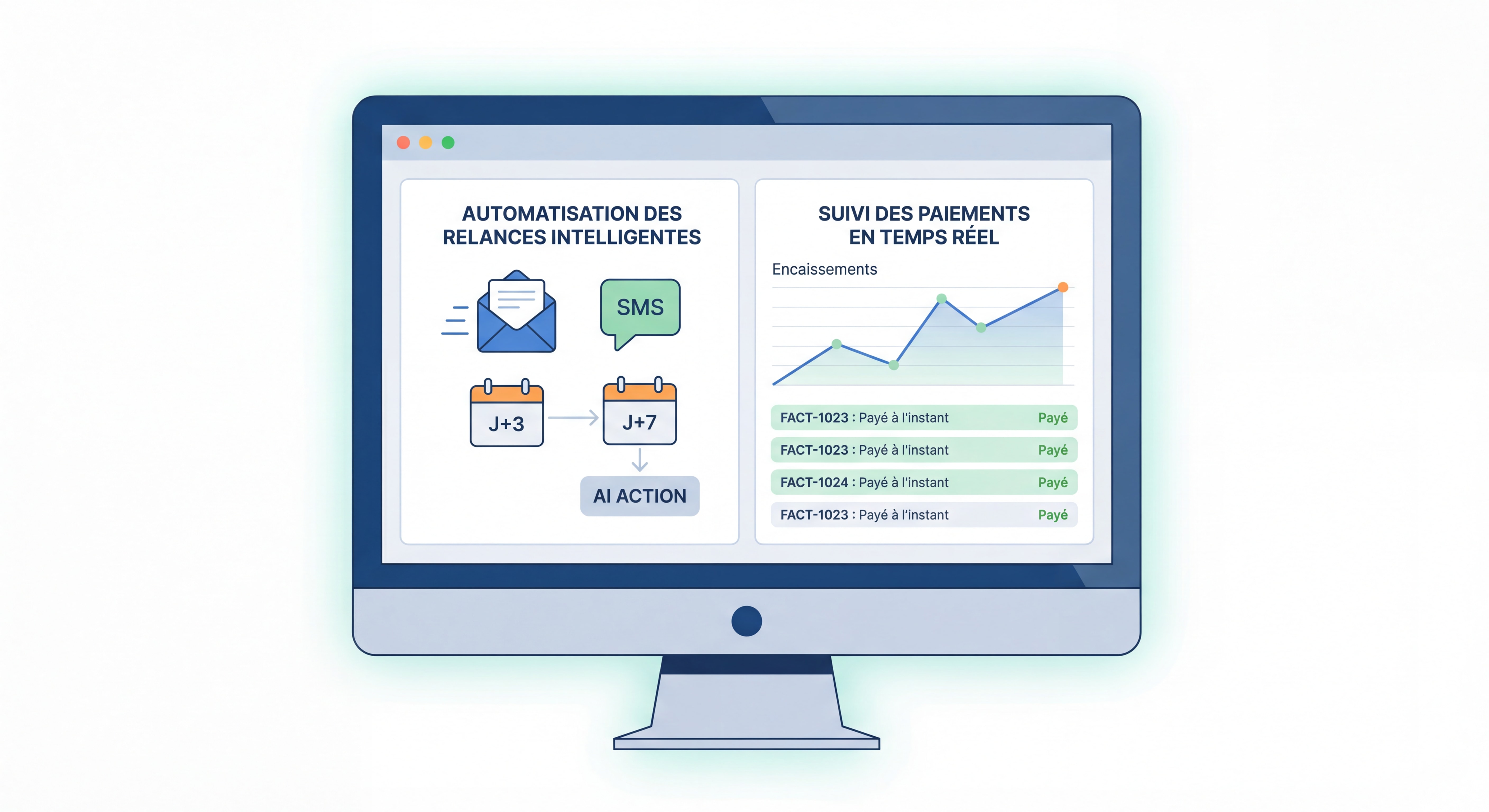 Dashboard d'automatisation de facturation montrant les relances intelligentes et le suivi des paiements en temps réel