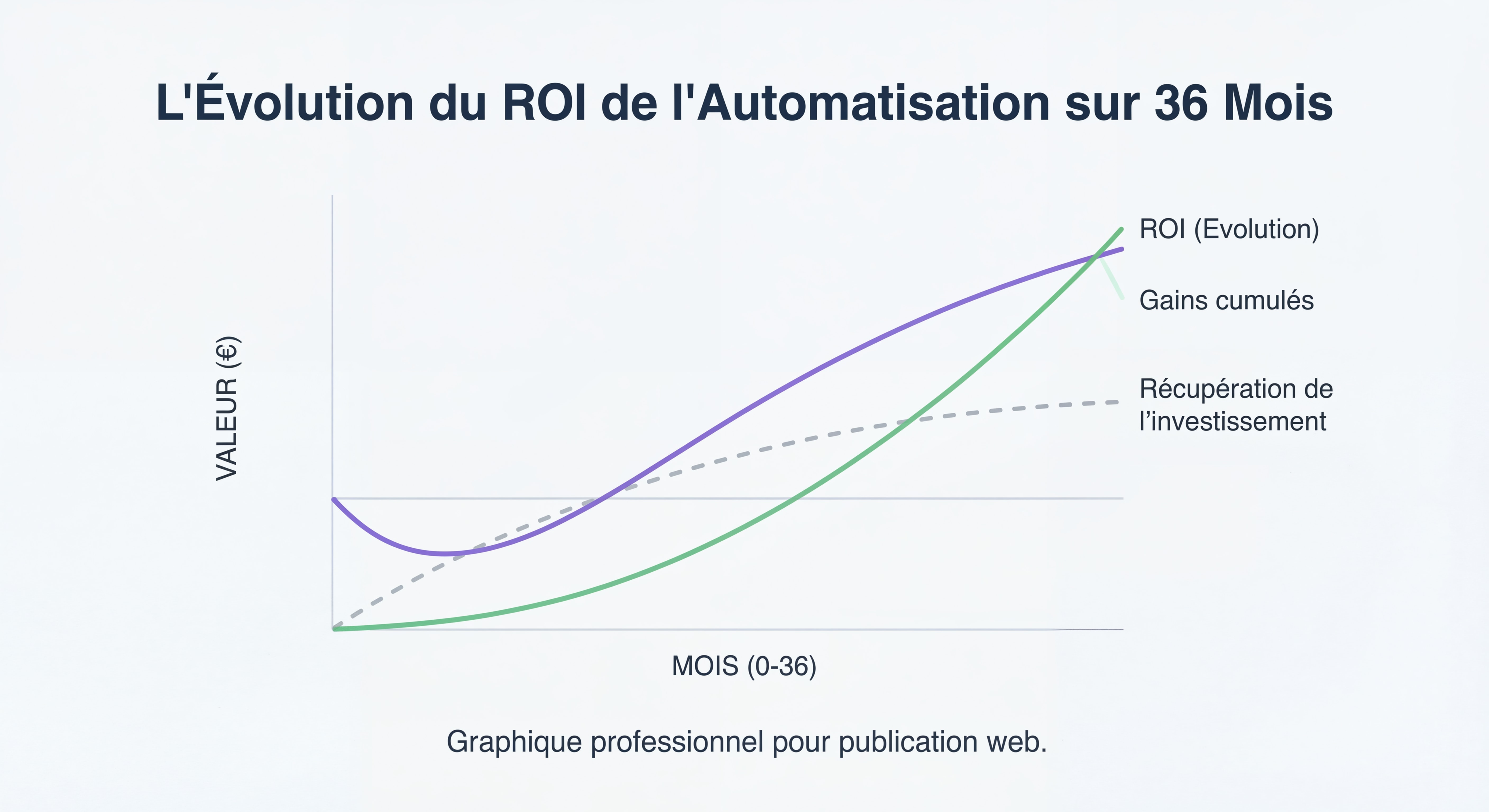 Graphique montrant l'évolution du ROI de l'automatisation sur 36 mois avec courbe de récupération de l'investissement et gains cumulés