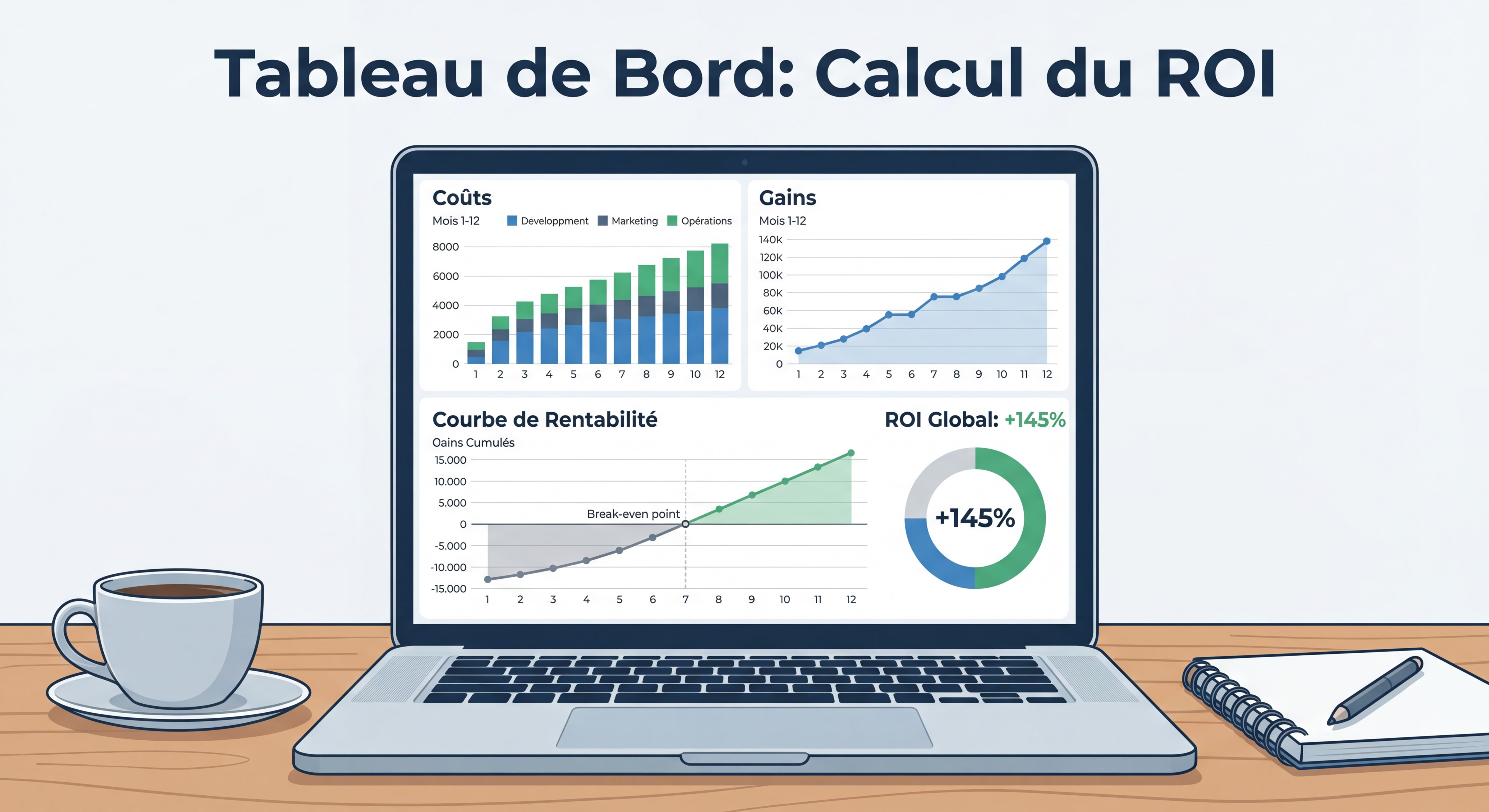 Tableau de bord montrant le calcul de ROI avec visualisation des coûts, gains et courbe de rentabilité sur 12 mois