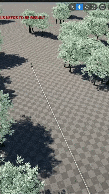 Vue aérienne d'un terrain quadrillé avec des arbres verts et un chemin rectiligne parcourant la scène.