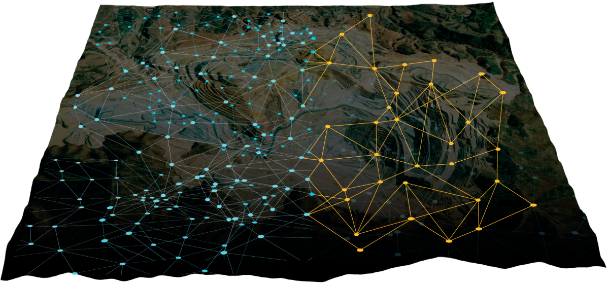 3D aerial view of a terrain with overlaid blue and yellow network nodes connected by lines, depicting data or communication networks.