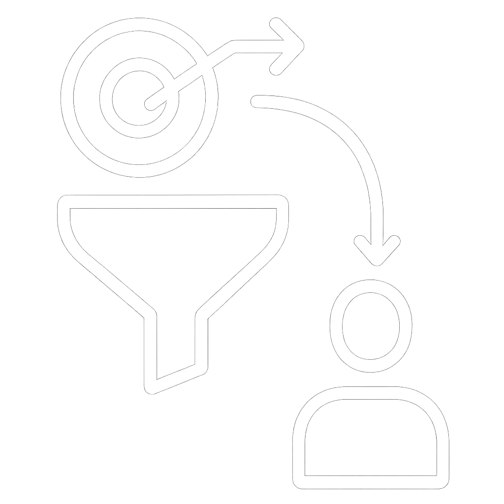 Icono que muestra un embudo conectado por una flecha curva a una figura humana, y un objetivo con una flecha apuntando hacia la derecha.