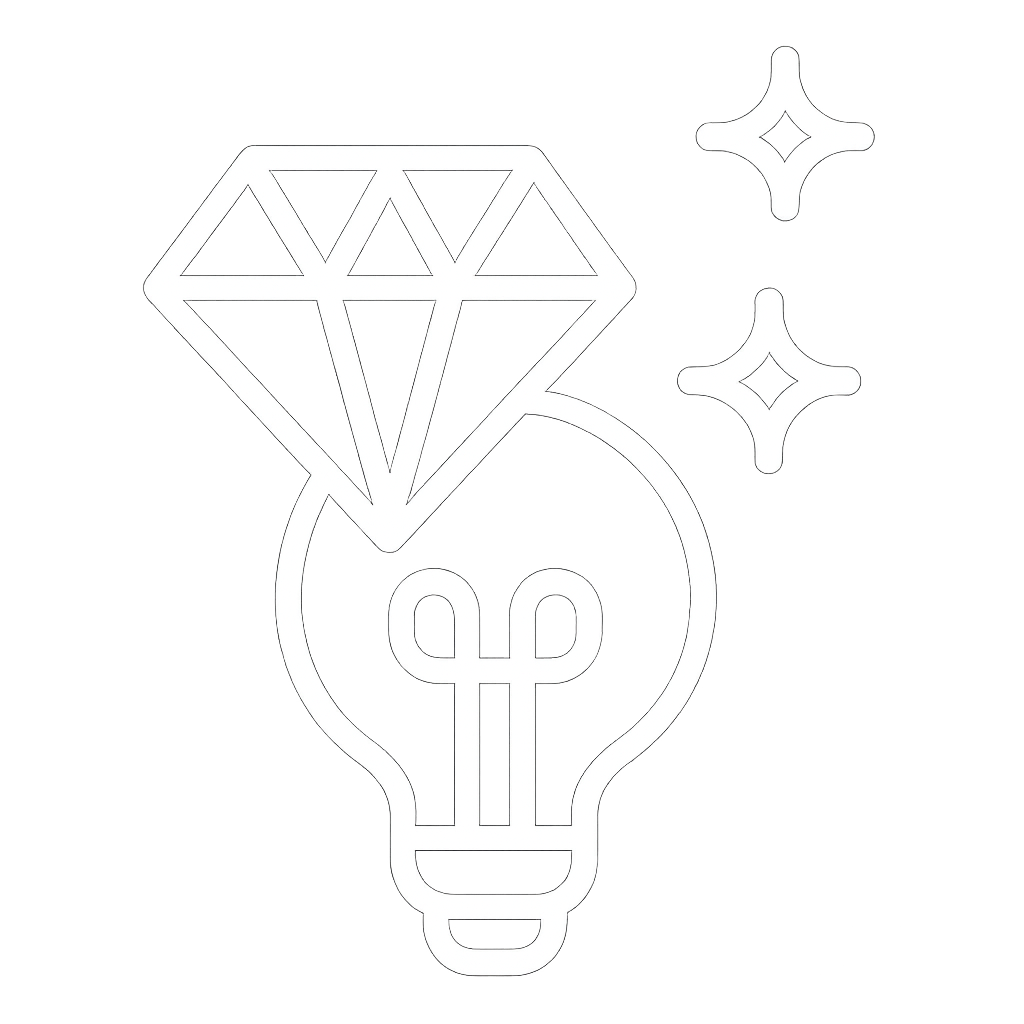 Icono de bombilla con diamante y destellos brillando alrededor sobre fondo degradado oscuro.