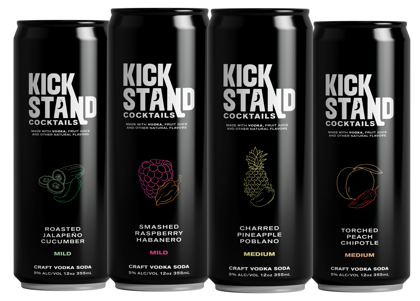 Kickstand Cocktail cans aligned in a row. From left to right: Roasted Jalapeño Cucumber, Smashed Raspberry Habanero, Charred Pineapple Poblano, and Torched Peach Chipotle.