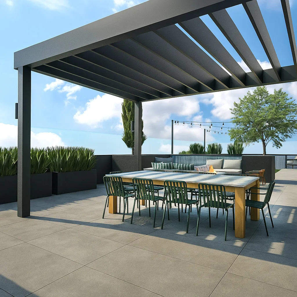 Modern outdoor patio with a pergola, large wooden dining table surrounded by green chairs, and a seating area with cushions under a clear blue sky.