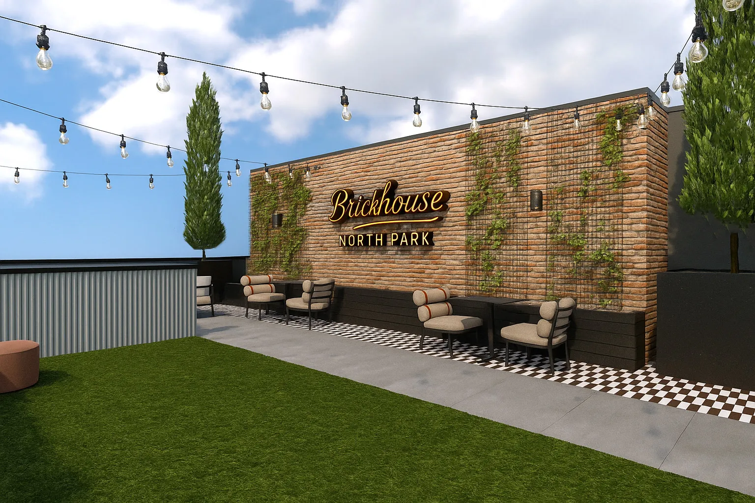 Outdoor patio area with hanging string lights, modern chairs, green lawn, and a brick wall sign reading 'Brickhouse North Park' with vertical greenery.
