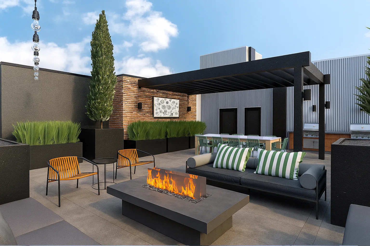 Modern outdoor patio with a fire pit, black sofa with striped green pillows, wooden chairs, dining table under a pergola, and plants in black planters.