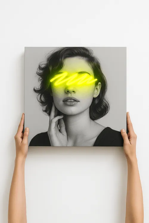 Hands holding a black-and-white portrait of a woman with short hair, her eyes obscured by neon yellow scribbles.