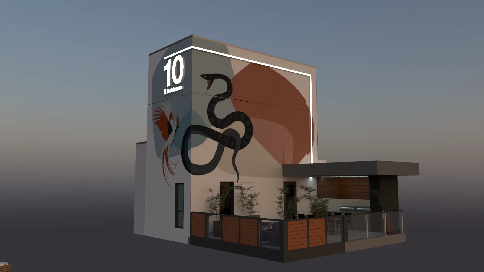 Modern building corner with a mural of a black snake and a red bird on abstract shapes, and illuminated text '10 & Robinson' at dusk.