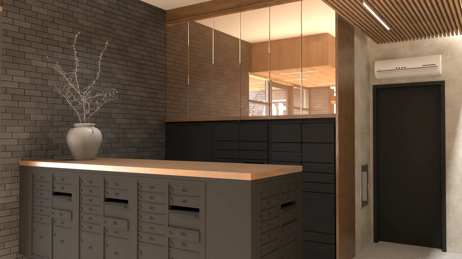 Modern lobby area with a set of gray mailboxes topped with a wooden surface, a ceramic vase with branches, dark brick walls, mirrored panels, and a closed dark door beneath an air conditioner unit.