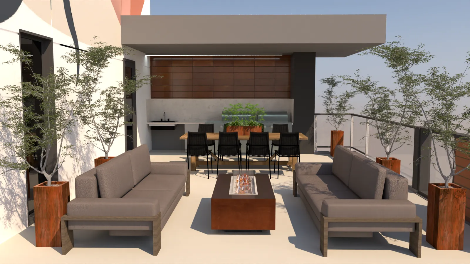 Modern rooftop terrace with two grey sofas, a square firepit table between them, a wooden dining table with eight black chairs, and tall potted plants along the edges.