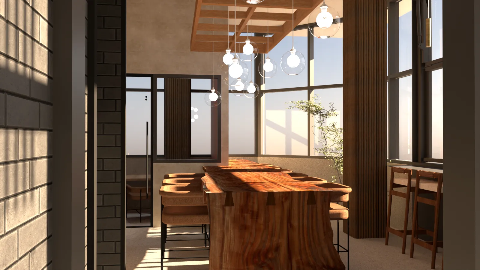 Modern dining area with a long wooden table, comfortable chairs, hanging globe pendant lights, large windows, and sunlight casting shadows on walls.