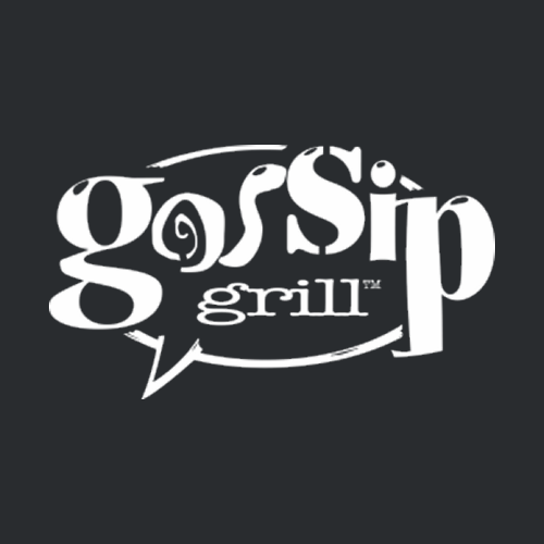 White stylized text logo reading 'gossip grill' inside a speech bubble on a dark background.
