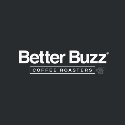 Better Buzz Coffee Roasters logo with a stylized bee icon on dark background.