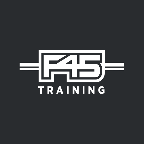 F45 Training logo with stylized F45 letters and horizontal lines on dark background.