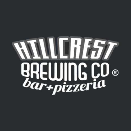 Hillcrest Brewing Co bar and pizzeria logo with white text on dark background.