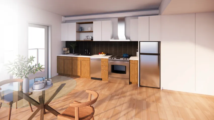 Modern kitchen with wooden lower cabinets, white upper cabinets, stainless steel appliances, a glass dining table, and wooden chairs.