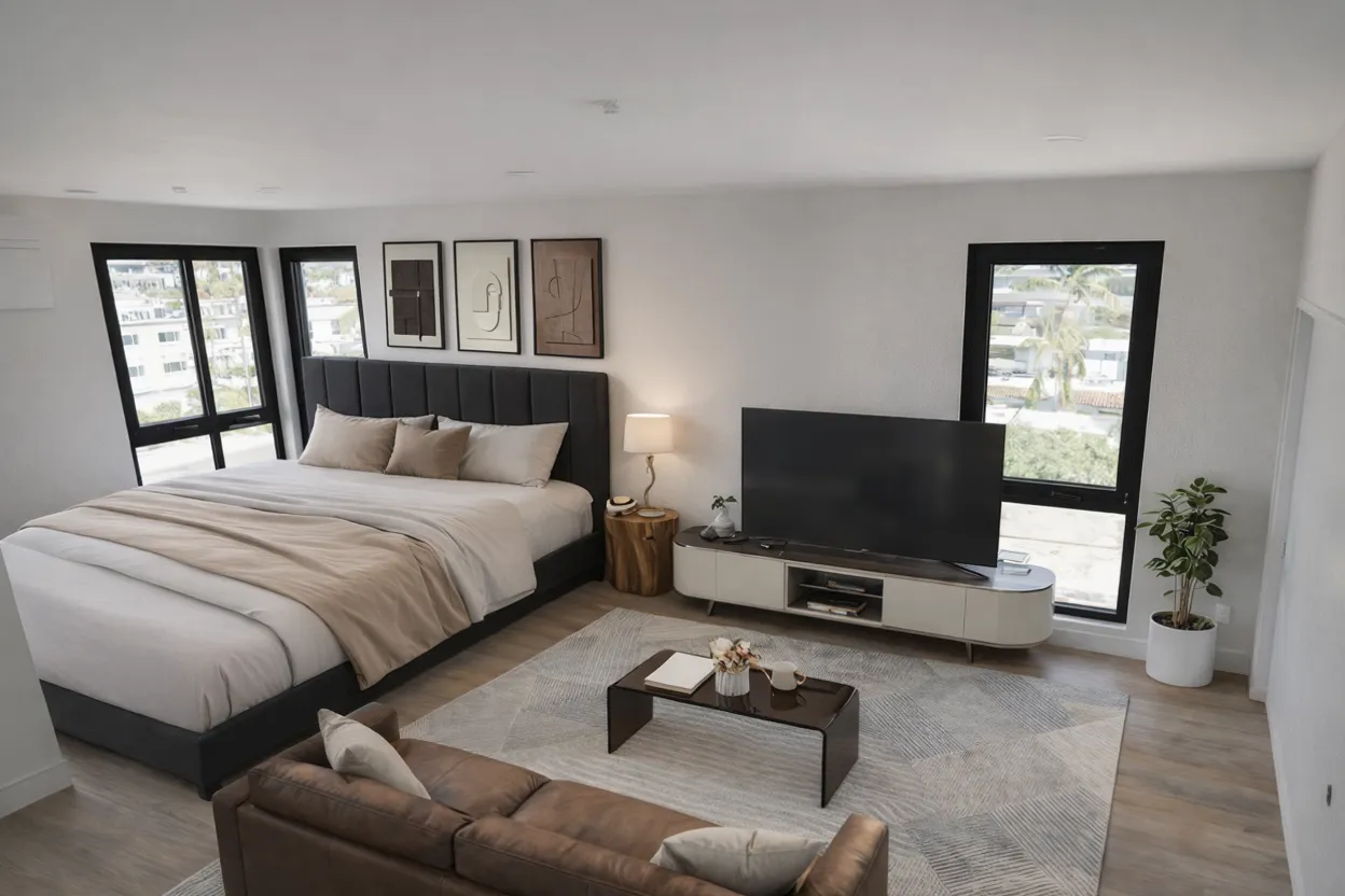 Modern studio bedroom with a large bed, gray headboard, neutral bedding, a brown leather sofa, coffee table, flat-screen TV on a white stand, and two windows showing city views.