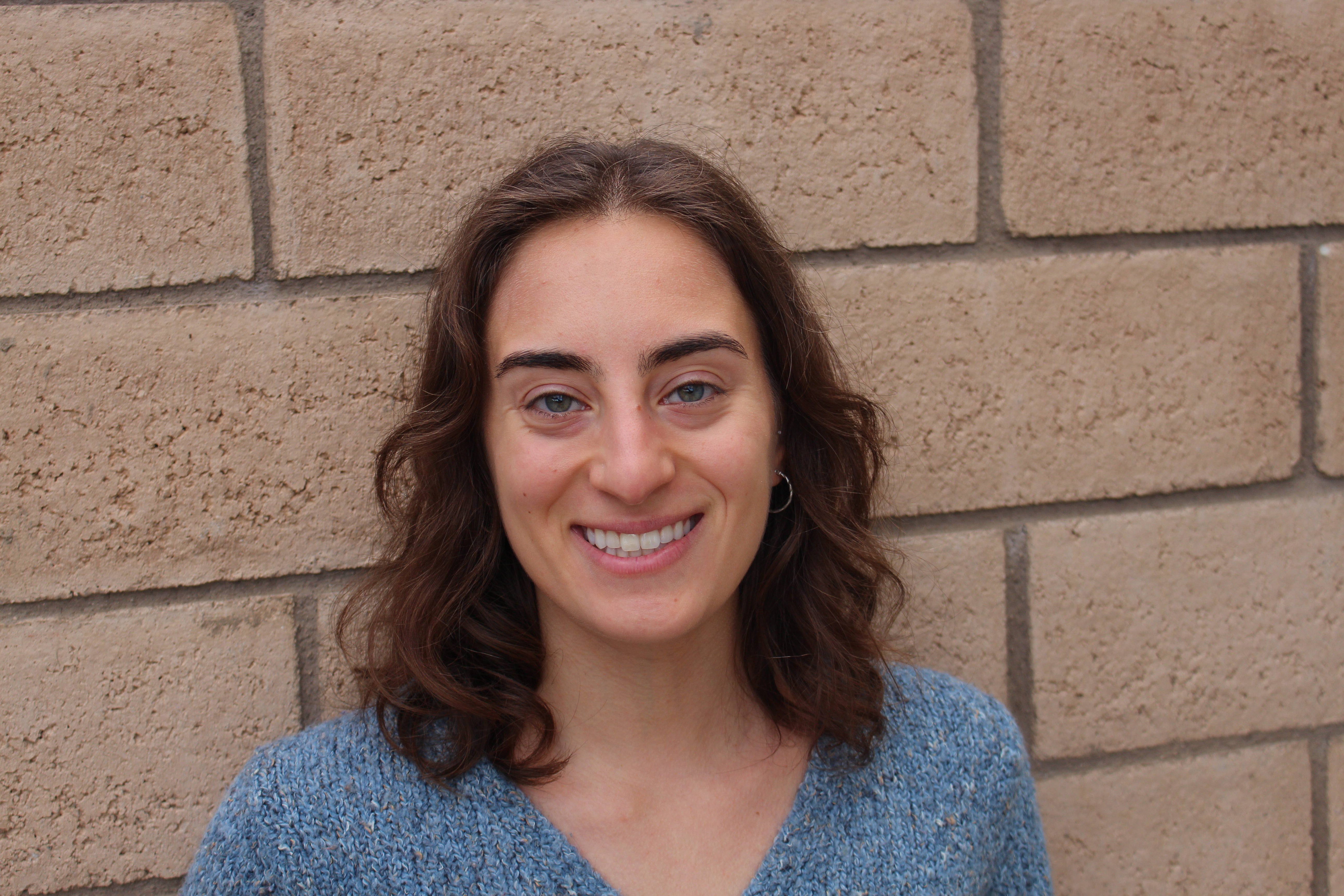 Headshot of a girl with brown hair, wearing a blue sweater, smiling in front of a brick wall