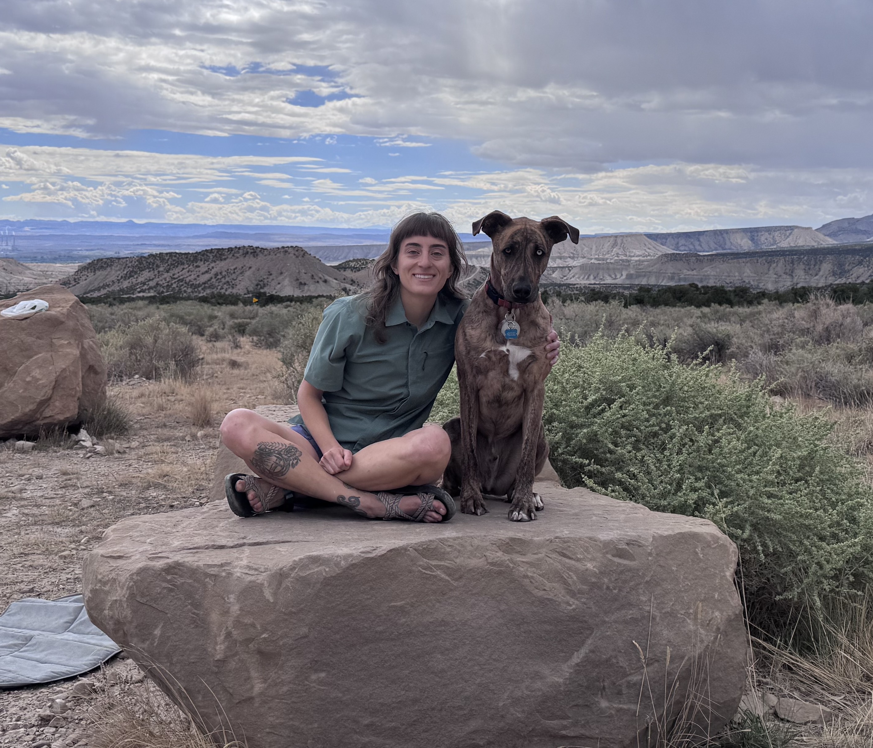 Smiling woman in green shirt sitting cross-legged on a large rock next to a brindle dog with one blue eye, with a scenic mountainous landscape in the background.