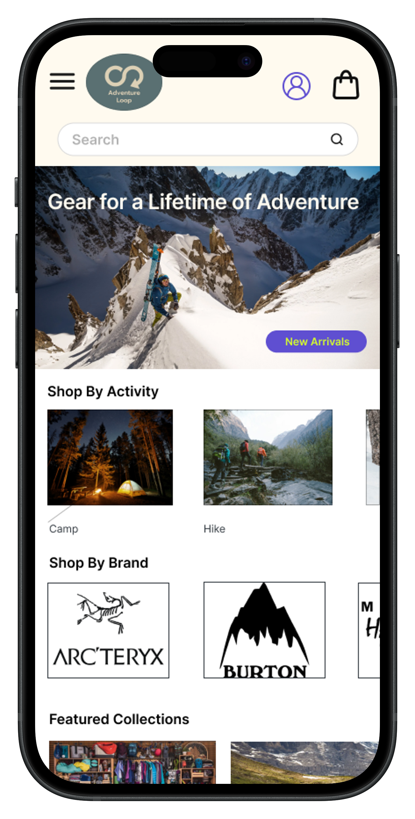 Mobile screen showing Adventure Loop outdoor gear shop with a snowy mountain banner, options to shop by activity like camping and hiking, and brand logos including Arc'teryx and Burton.
