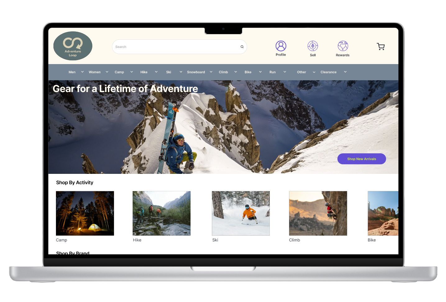 E-commerce website homepage on laptop showing hero image and navigation for outdoor gear categories like camp, hike, ski, climb, and bike.