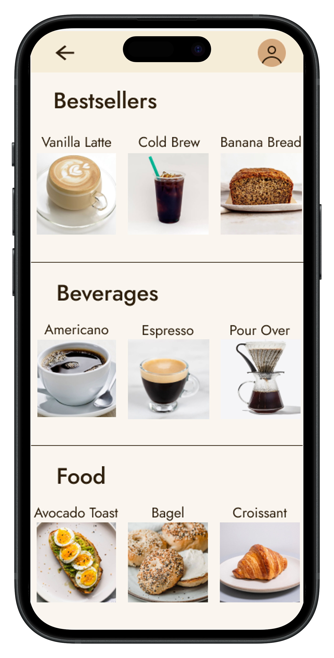 Mobile app screen showing coffee shop menu with sections Bestsellers, Beverages, and Food featuring vanilla latte, cold brew, banana bread, americano, espresso, pour over coffee, avocado toast with eggs, bagels with cream cheese, and a croissant.