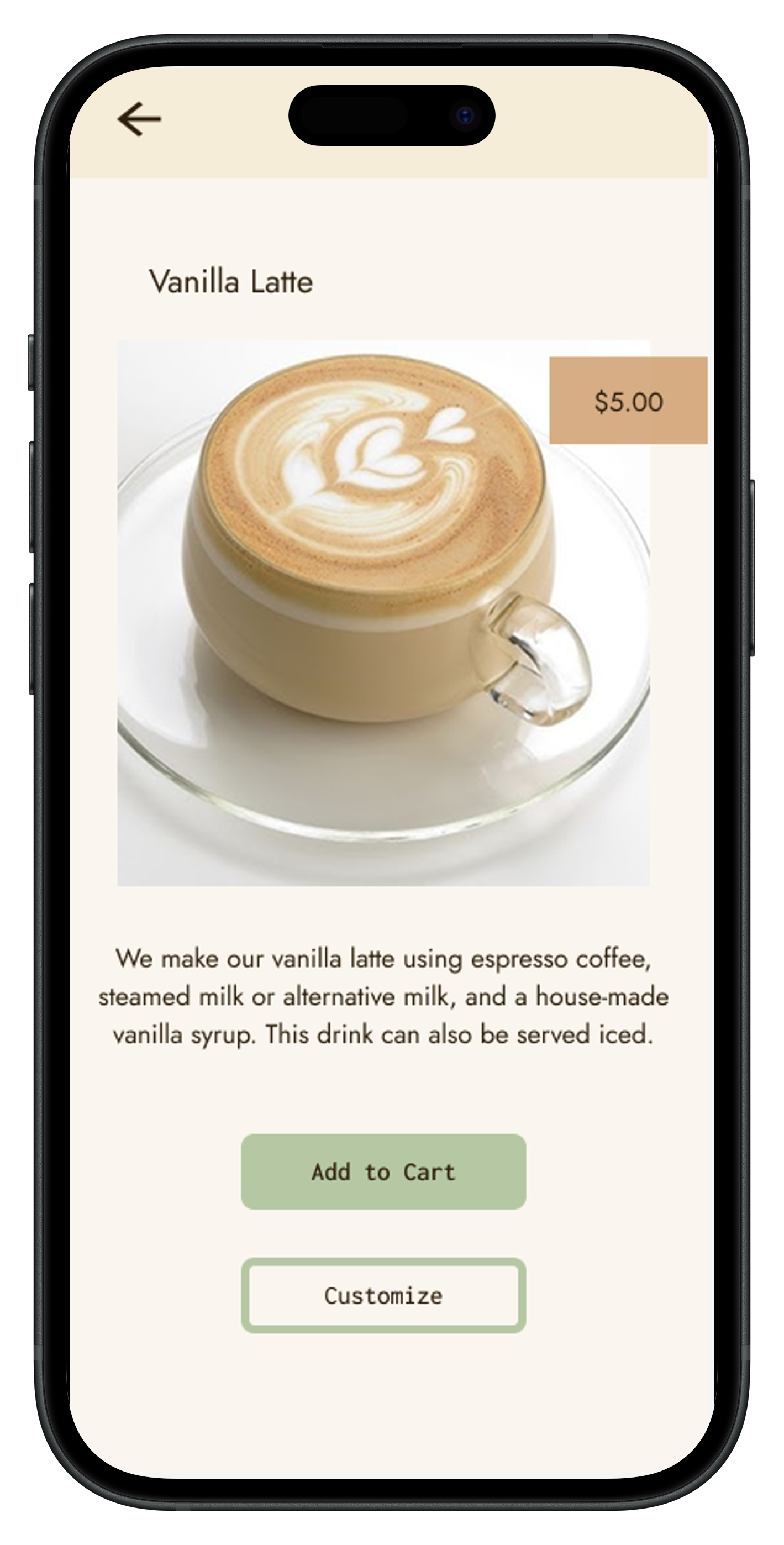 Vanilla latte in a clear glass cup on a matching saucer with latte art on top, priced at $5.00.