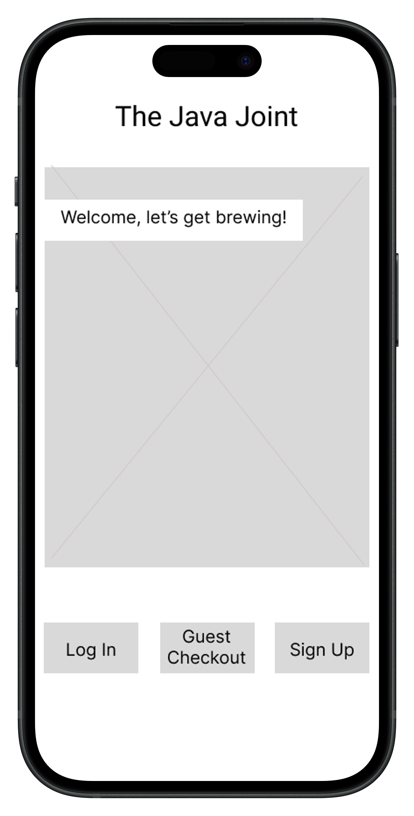 Mobile app screen for The Java Joint showing a cozy coffee shop interior with wooden stools and green plants, and buttons for Log In, Sign Up, and Guest Checkout.